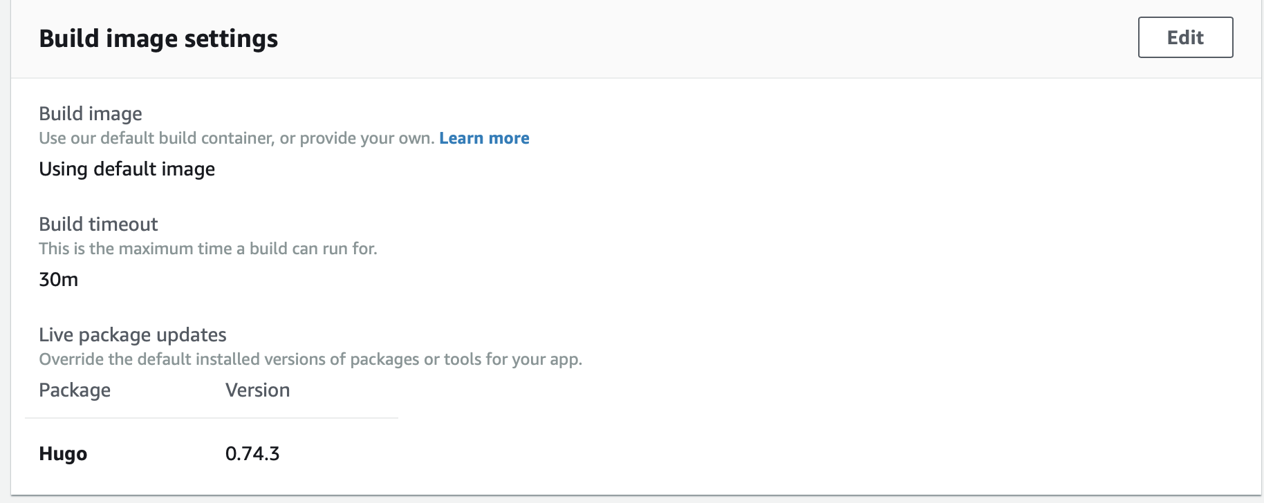 Amplify Build Settings Options